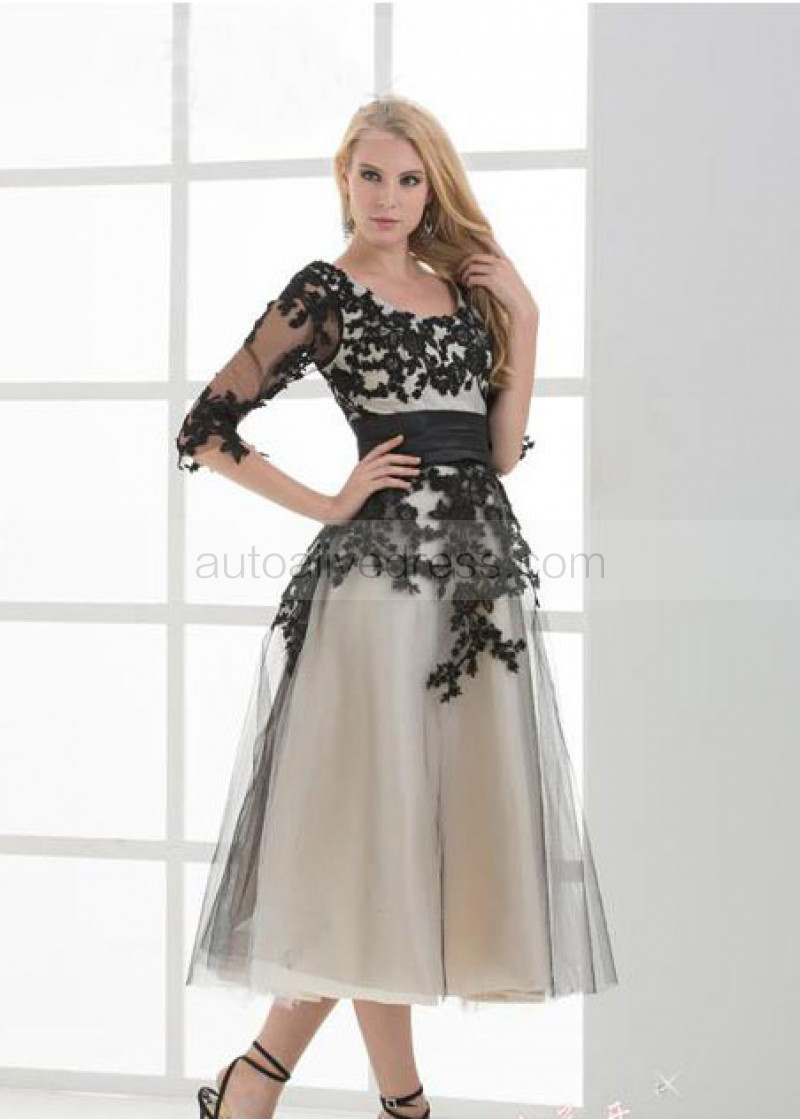 Gray Tulle Black Lace Long Sleeves Ankle Length Evening Dress